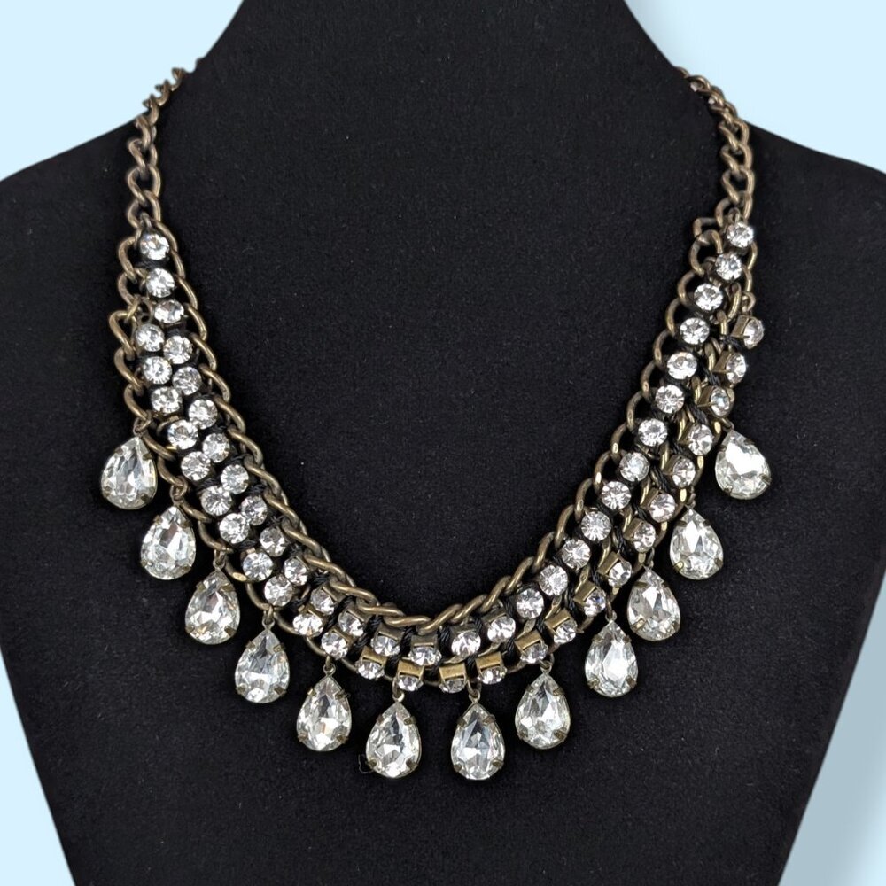 Gold Tone Chain & Rhinestone Statement Necklace